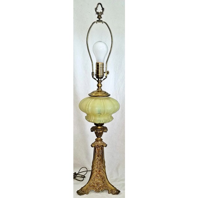 French Dore' Electrified Vaseline Glass Oil Lamp For Sale - Image 9 of 9