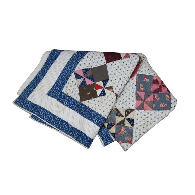 American Vintage Handmade American Pinwheel Variant Postage Stamp Patchwork Quilt 76" For Sale - Image 3 of 12