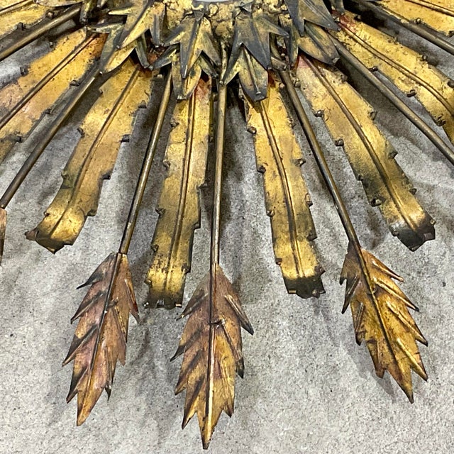 Vintage French Sunburst Wall Mirror in Gilt Metal, Mid-Century Style For Sale - Image 4 of 11