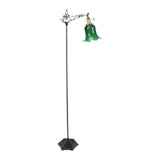 Vintage Art Deco Floor Lamp With Green Glass Tulip Shade For Sale