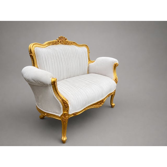 1980s French Louis XVI Gold Velvet Beech Settee For Sale - Image 13 of 16