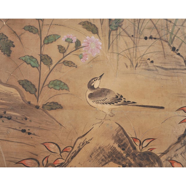 Japanese Meiji Two Panel Screen Birds Flowers in Autumn Landscape For Sale - Image 10 of 18