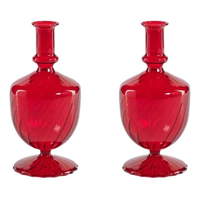 Vellum 2-Piece Set Red Spiral Glass Vases, Urn Shape For Sale