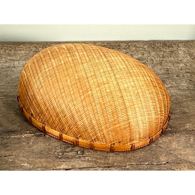 Tan Vintage Japanese Woven Bamboo Winnowing Basket With Rattan Rim For Sale - Image 8 of 8