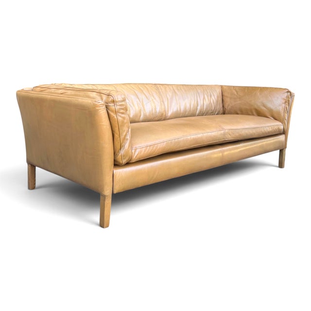 Mid-Century Modern Restoration Hardware Sorensen Sofa in Caramel Tan Leather Wit Beautiful Patina For Sale - Image 3 of 12