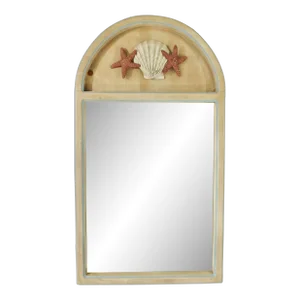 Large Vintage Coastal Nautical Palm Beach Solid Natural Wood Seashell Starfish Hanging Wall Mirror