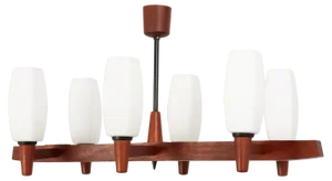 Vintage Teak and Opal Glass Chandelier from Kaiser, 1960s