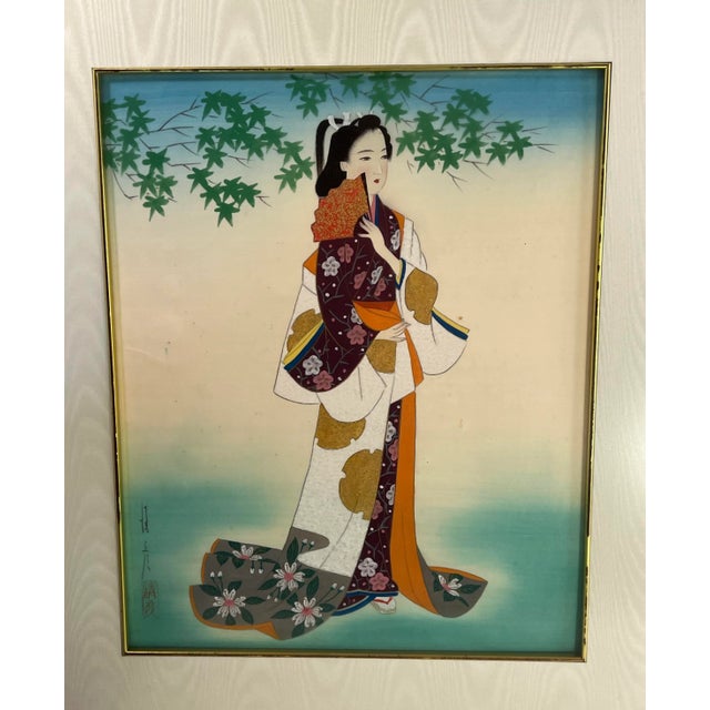 Elevate your gallery wall with this stunning, authentic set of 2 vintage Japanese silk paintings by renowned Mid-Century...