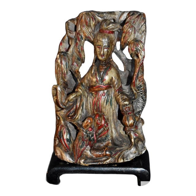 Vtg. Carved Asian Style Soapstone Goddess Statue on Wood Base For Sale