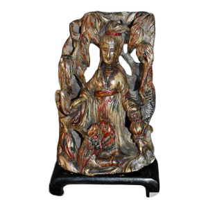 Vtg. Carved Asian Style Soapstone Goddess Statue on Wood Base