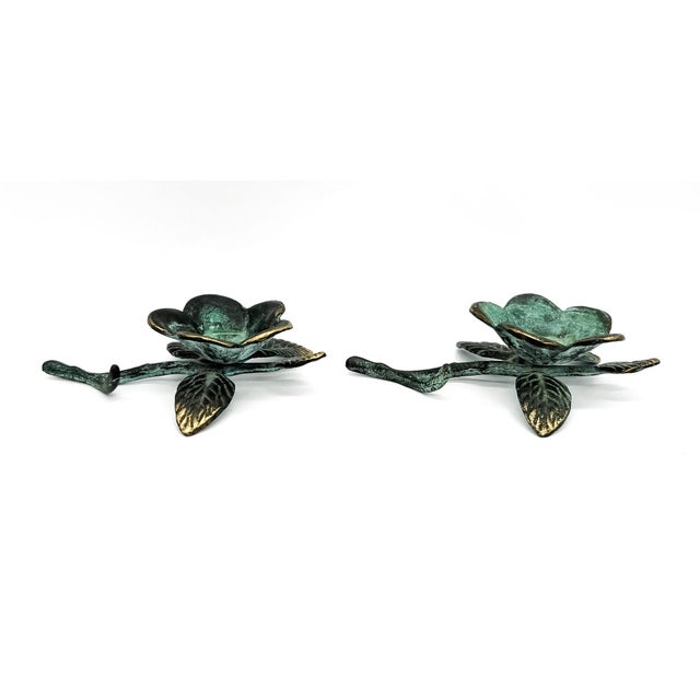Pair of Vintage Verdigris Brass Floral Sculptures / Candle Holders – Hollywood Regency / Botanical Style For Sale In Houston - Image 6 of 10