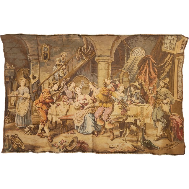 Woven tapestry, signed "D'apres Rembrandt" (after Rembrandt), depicting scenes such as "Jolly Men." Tavern/pub scene....