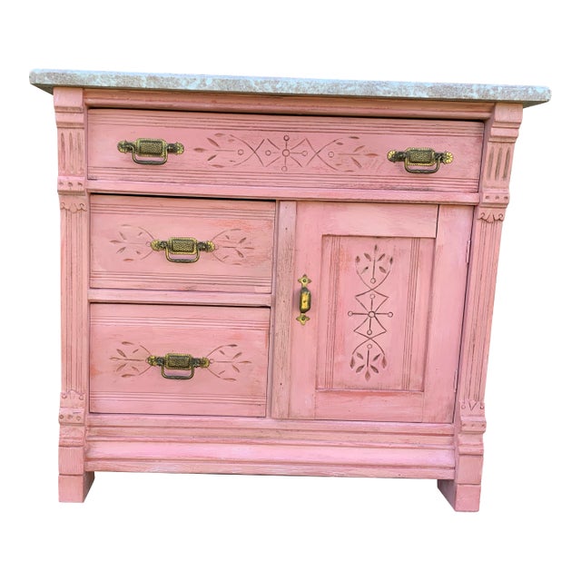 Antique Rustic Eastlake Spoon Carved Commode Pink Marble Top For Sale