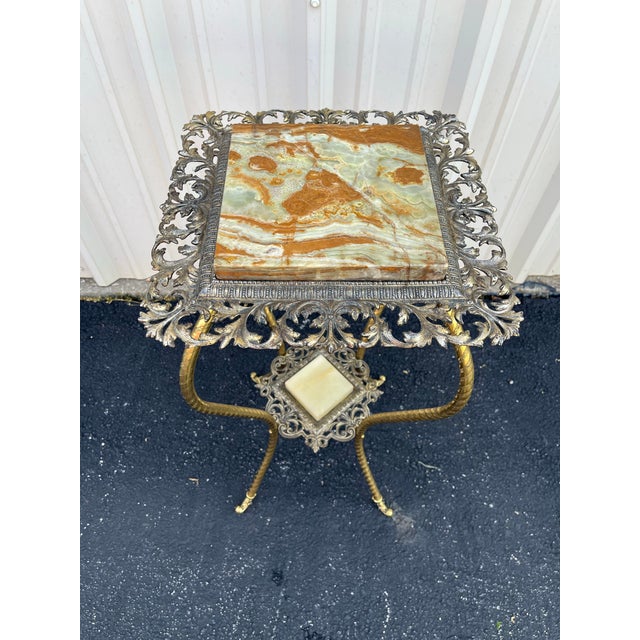 Antique Two-Tier Art Nouveau Brass and Onyx Planter Stand With Gallery For Sale - Image 11 of 12