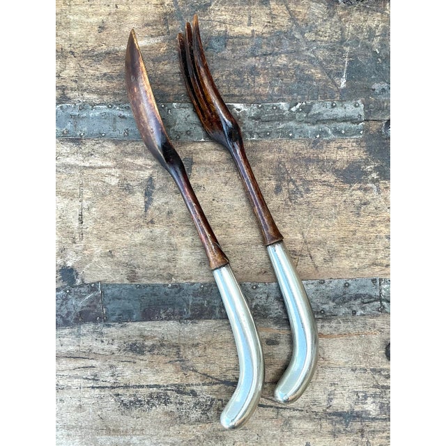 Mid-Century Modern Vintage Sterling and Wood Salad Servers For Sale - Image 3 of 12