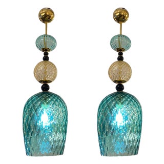 Blue and Yellow Murano Glass Lamps, 1950s, Set of 2 For Sale