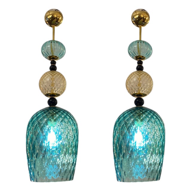 Blue and Yellow Murano Glass Lamps, 1950s, Set of 2 For Sale