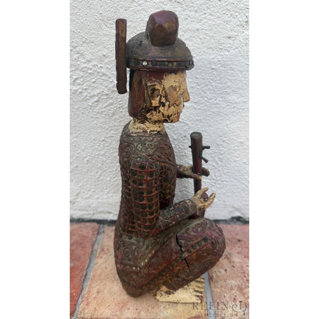 Mid 20th Century Hand-Carved Chinese Wooden Figural Sculpture of Seated Musician Holding Musical Instrument For Sale - Image 4 of 12