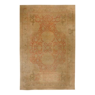 1890s Salmon Camel Medallion Traditional Antique N. Indian Amritsar Rug 11' X 17'2" Handknotted Wool Carpet For Sale