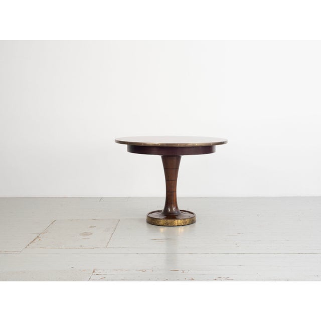 Mid-Century Modern Round Ships Table in Dark Stained Wood with Brass Details by Gustavo Pulitzer-Finali, Italy, 1940s For Sale - Image 3 of 18