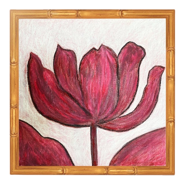 Original Framed Tulip Painting, Red Floral Wall Art, Acrylic on Canvas in Gold Bamboo Frame, 13x13 Botanical Boho Home Decor by Tatiana Duperault For Sale