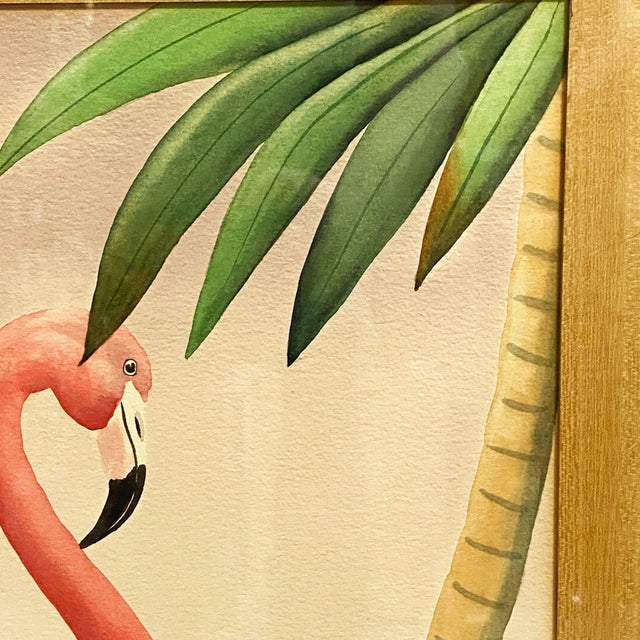 Mid-Century Modern MCM Peeking Pink Flamingo Watercolor on Paper Signed by Shirrell Graves, Framed For Sale - Image 3 of 9