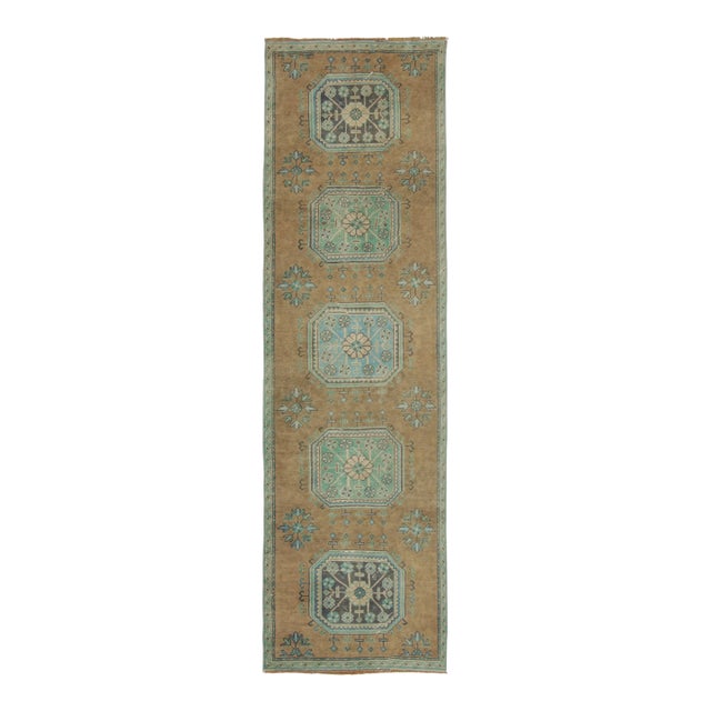 Vintage Turkish Runner With Blue Medallion & Floral Border - Rug & Kilim For Sale