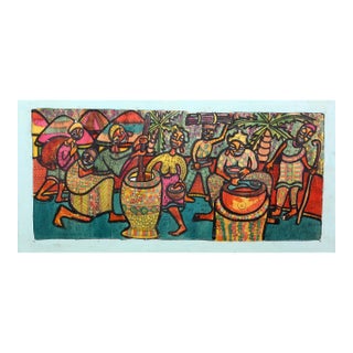 African Extended Family Compound, Dayo Niran Ink and Paint on Plywood, Signed L.r. For Sale