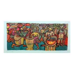 African Extended Family Compound, Dayo Niran Ink and Paint on Plywood, Signed L.r.