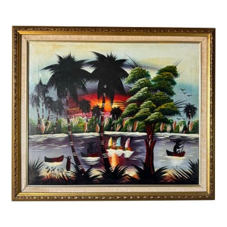 1993 Vintage Haitian Caribbean Folk Art Landscape – Oil on Canvas Painting, Framed For Sale