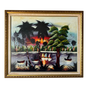 1993 Vintage Haitian Caribbean Folk Art Landscape – Oil on Canvas Painting, Framed