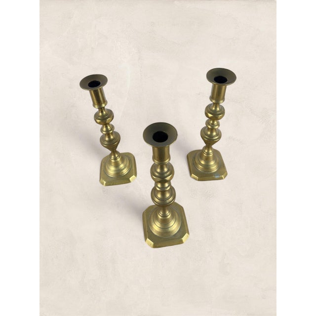 Brass Late 19th Century Antique English Victorian Brass Candlesticks, Set of Three For Sale - Image 8 of 8