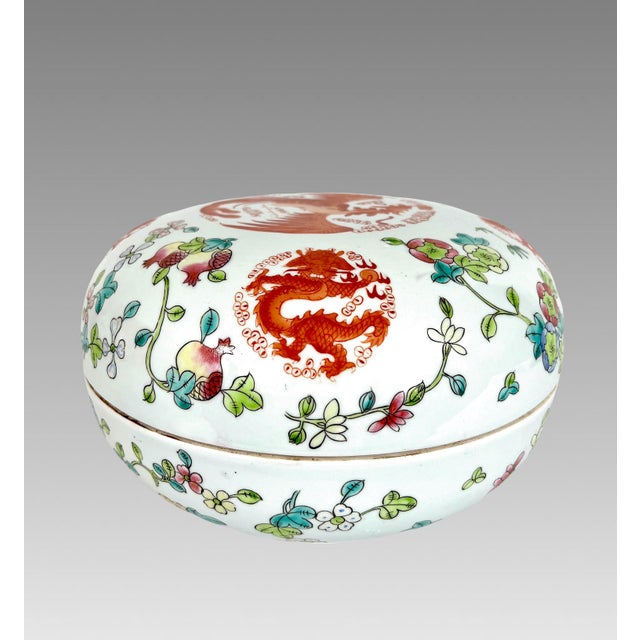 1980s Vintage Red Pheonix, Dragons & Floral White Porcelain Chinese Covered Serving Bowl (Gift Box), a Pair Available For Sale - Image 5 of 11