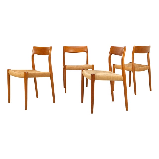 Model 77 Dining Chairs in Teak with Papercord Seats by Niels O. Møller for J.L. Møllers, Denmark, 1959, Set of 4 For Sale
