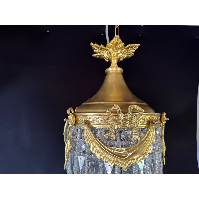 Bronze 1970 French Louis XVI Gold Bronze Crystal Chandelier Lantern - 1 Pc For Sale - Image 8 of 11