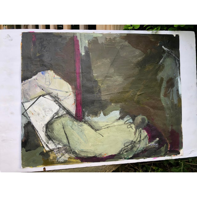 Moody Mysterious Nude Woman Reclining Amidst Large Trees in the Woods Richly textured surfaces of paints being pushed and...