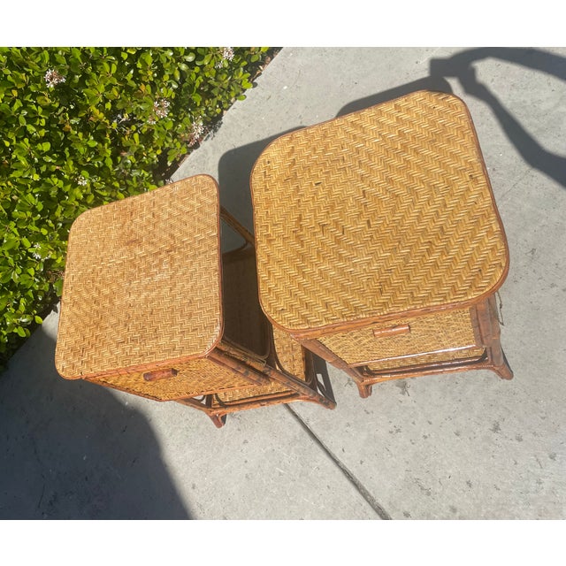 Wood 2 Vintage Rattan Bamboo Nightstands End Tables, Drop Down Shelf For Sale - Image 7 of 9