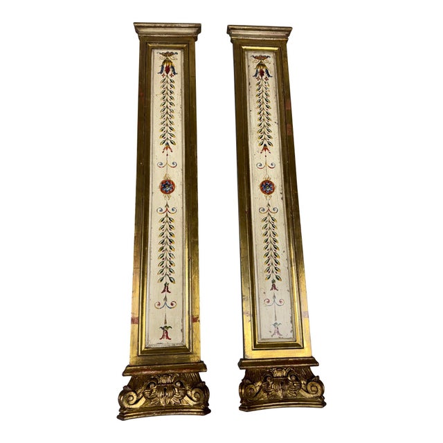 Wood Antique Gilt Architectural Pilasters, Hand-Painted Floral Motifs, 1950 For Sale - Image 7 of 12