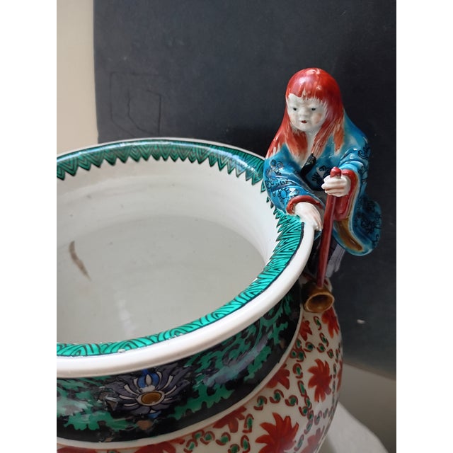Antique Asian Porcelain Centerpiece Bowl With 5 Sculpted Figurine Handles & Feet For Sale - Image 15 of 16