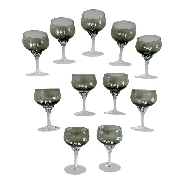 1970s Glassware/ Stemware-Smoke Color Glass Stemmed Goblets- Set of 11 For Sale