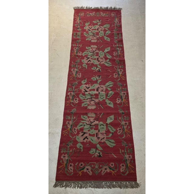 Folk Art Vintage 1970s Red Floral Kilim Runner Rug – 2’7” X 9’3” For Sale - Image 3 of 7