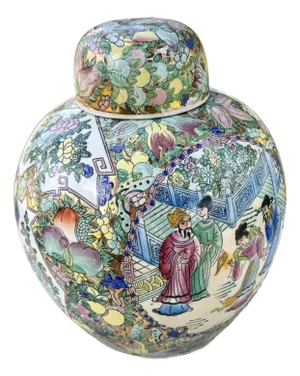 Vintage Chinese Hand Painted Multi Color Porcelain Ginger Jar