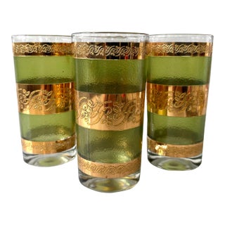 1950s Mid-Century Green and 22k Gold Highball Cocktail Glasses, Set of 4 For Sale