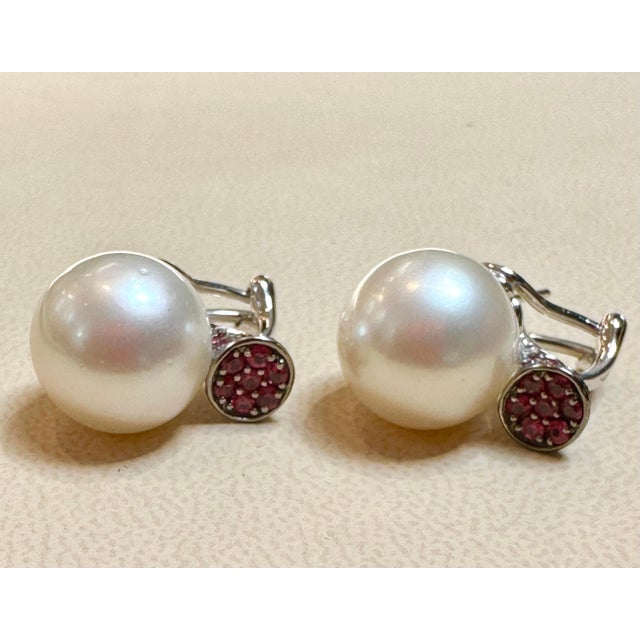 Arts & Crafts 14 mm Round South Sea Pearl & Ruby Cocktail Stud Earrings 18 Karat White Gold, A Pair For Sale - Image 3 of 18