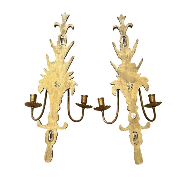 Wood Vintage Italian Louis XVI Style Gilt Two-Arm Wall Candle Sconces 22" Tall - A Pair For Sale - Image 7 of 9