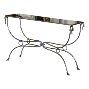 Mid-Century French Polished Iron Bronze and Glass Maison Jansen Console Table