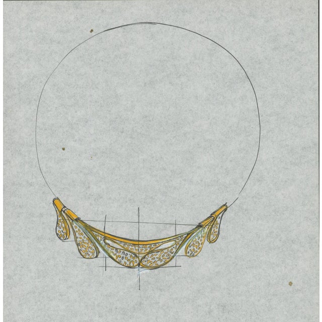 Original jewelry design drawing of a sculptural collar necklace composed of overlapping pierced leaf forms in gold tones....