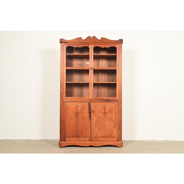 English Country Farmhouse Carved Walnut Bookcase Cabinet, 1970s For Sale - Image 13 of 13