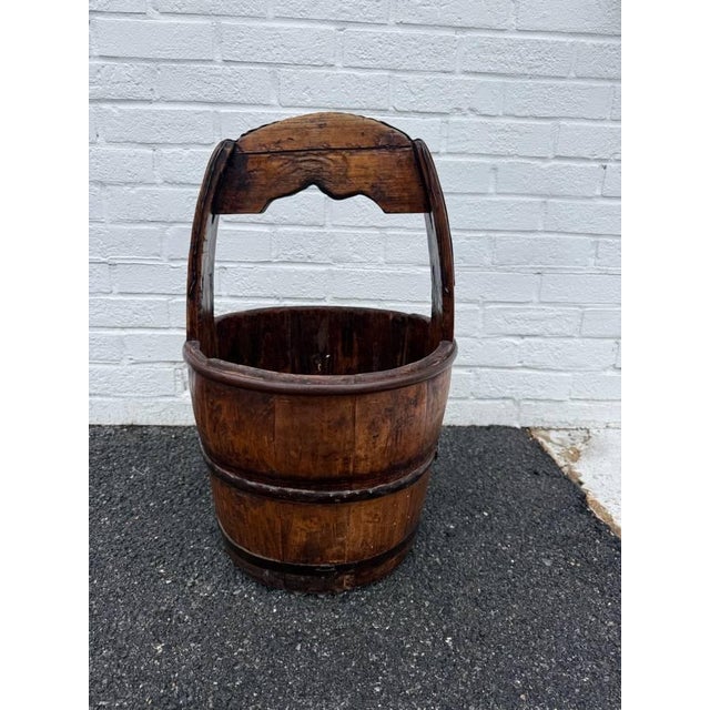 Wood Antique Farmhouse Rustic Style Solid Wood Bucket With Arched Handle For Sale - Image 7 of 15
