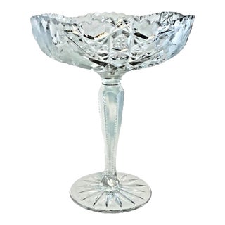 Early 20th Century American Brilliant Period Cut Glass Etched Floral Crystal Pedestal Compote, Notched Stem For Sale